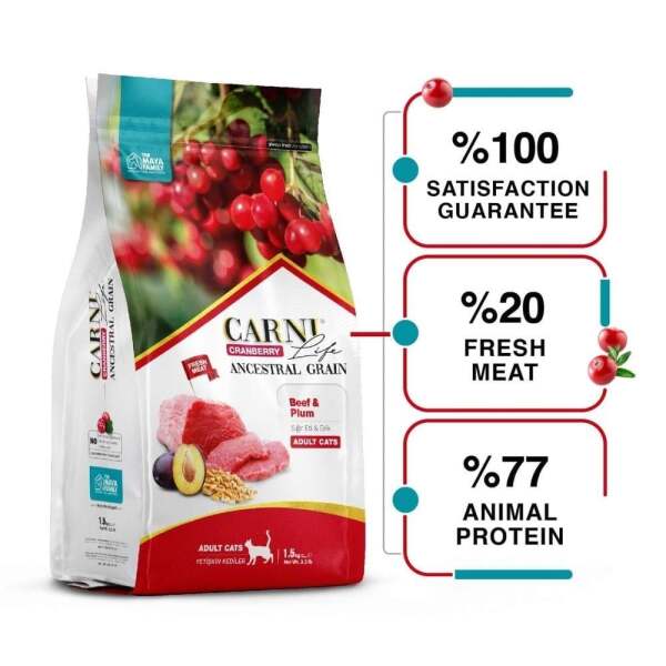 Carni Life Kızılcık Sığır Etli ve Erikli Yetişkin Kedi Maması 1,5 kg - CARNİ LİFE