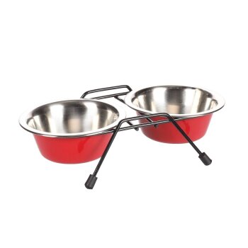 Flamingo Arjun Stanlı İkili Çelik Mama Kabı Seti Kırmızı-Gri / 380ML - 1