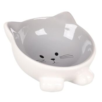 Flamingo Puzi Kedi Kulaklı Desenli Seramik Mama Ve Su Kabı Gri-125Ml - 1