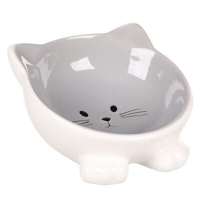 Flamingo Puzi Kedi Kulaklı Desenli Seramik Mama Ve Su Kabı Gri-125Ml - Flamingo 