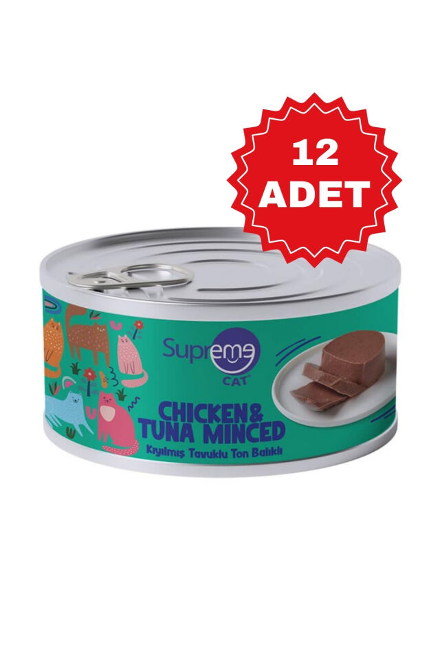 Supreme Cat Kıyılmış Tavuklu ve Ton Balıklı Yetişkin Kedi Konservesi 85Gr x 12 Adet
