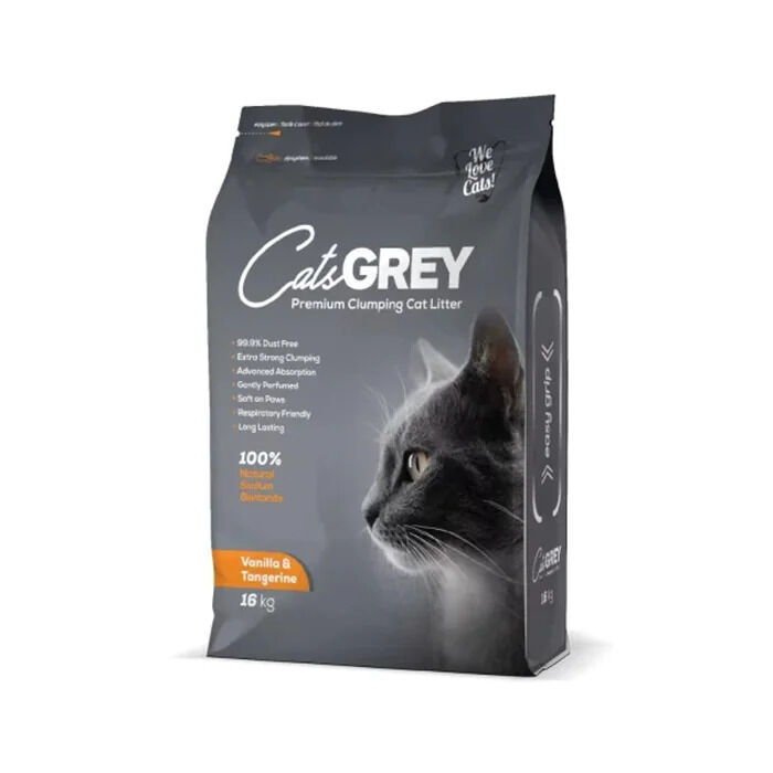 CatsGREY Premium Vanilya ve Mandalina Kokulu Tozsuz Topaklanan İnce Taneli Bentonit Kedi Kumu 16kg