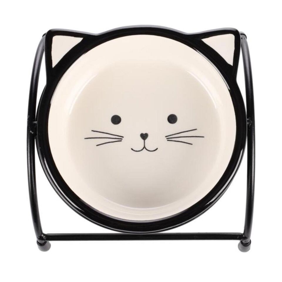 Flamingo Ansu Siyah Beyaz Kedi Kulaklı Standı Seramik Mama Kabı / 230ML