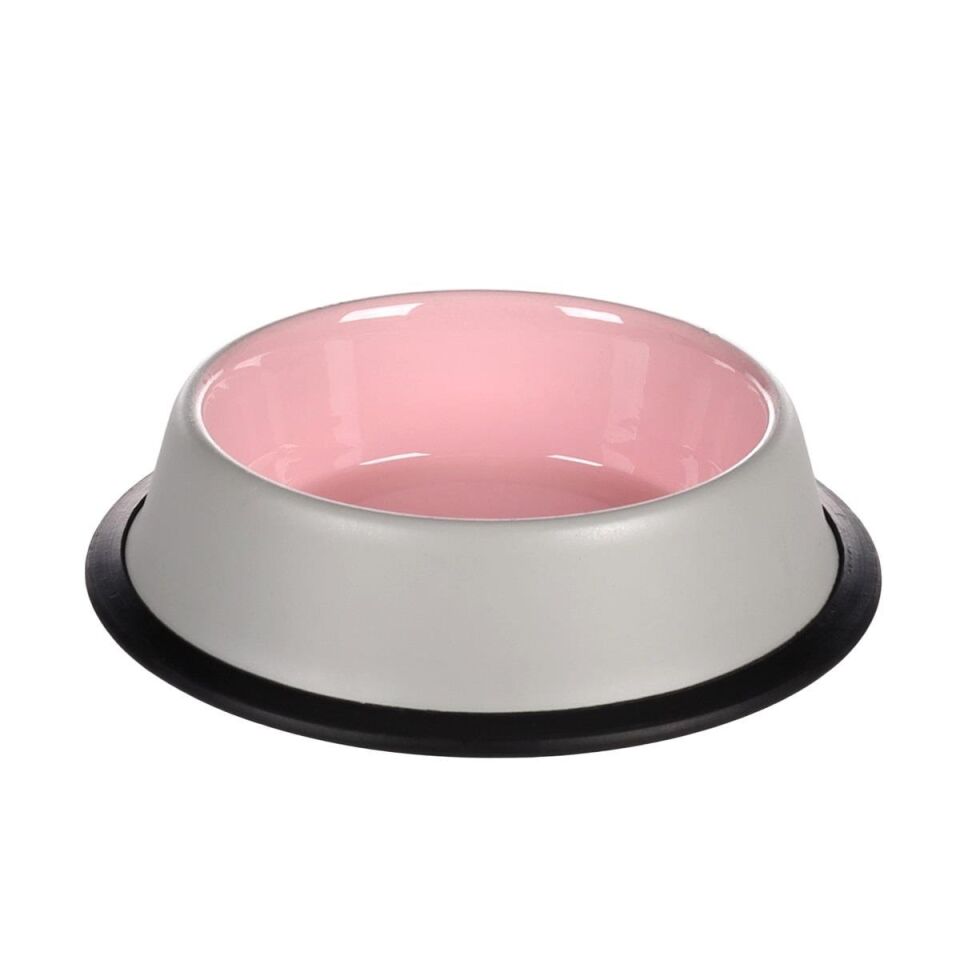Flamingo Nell Boyalı Çelik Mama Kabı Antıslıp Gri-Pembe / 450ML