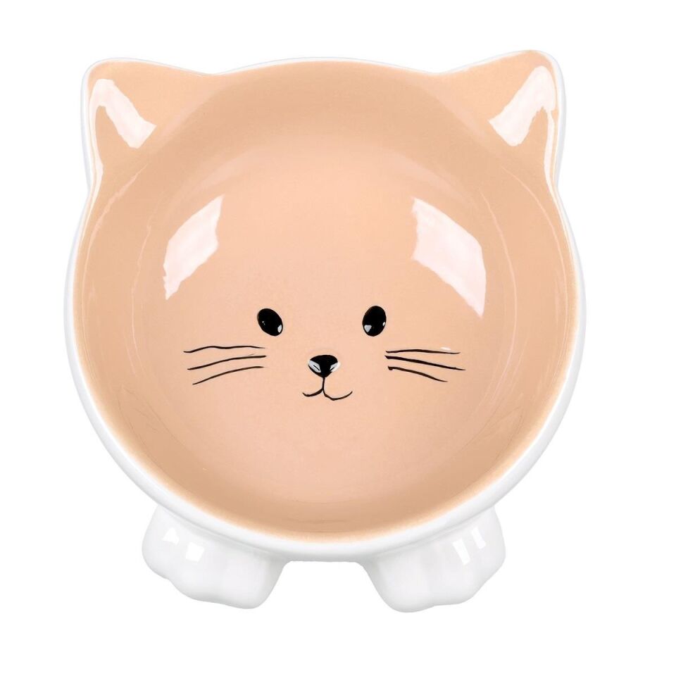 Flamingo Puzi Kedi Kulaklı Desenli Seramik Mama Ve Su Kabı Bej-125 Ml