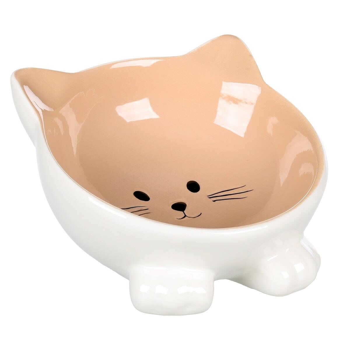 Flamingo Puzi Kedi Kulaklı Desenli Seramik Mama Ve Su Kabı Bej-125 Ml