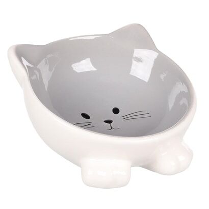Flamingo Puzi Kedi Kulaklı Desenli Seramik Mama Ve Su Kabı Gri-125Ml