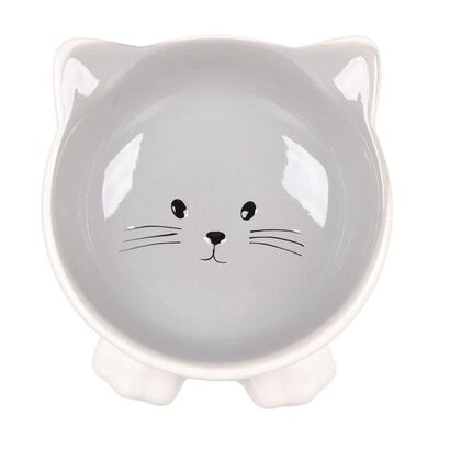 Flamingo Puzi Kedi Kulaklı Desenli Seramik Mama Ve Su Kabı Gri-125Ml