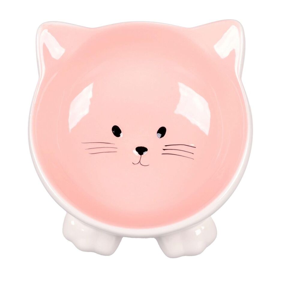 Flamingo Puzi Kedi Kulaklı Desenli Seramik Mama Ve Su Kabı Pembe-125Ml