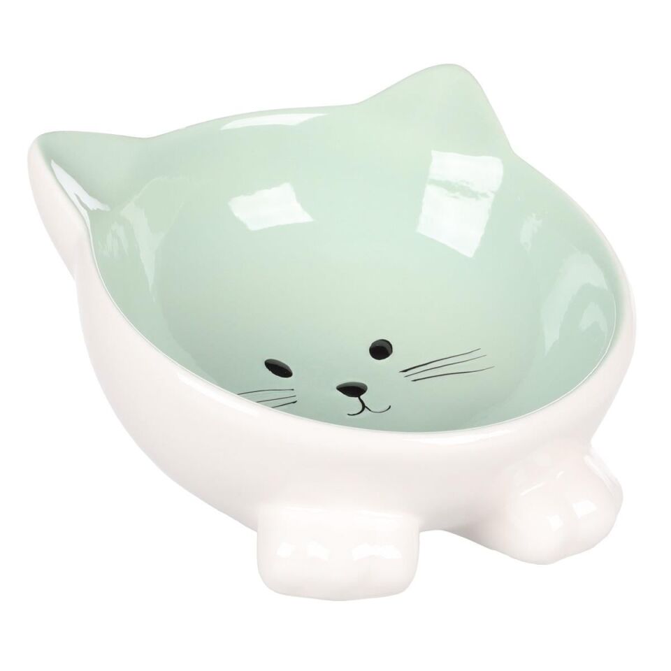 Flamingo Puzi Kedi Kulaklı Desenli Seramik Mama Ve Su Kabı Yeşil-125 Ml