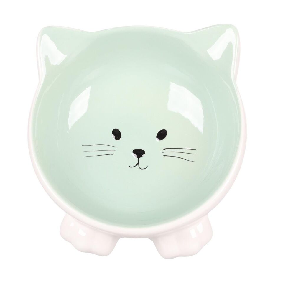 Flamingo Puzi Kedi Kulaklı Desenli Seramik Mama Ve Su Kabı Yeşil-125 Ml
