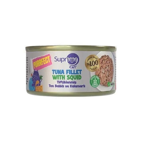 Supreme Cat Tiftiklenmiş Ton Balıklı ve Kalamarlı Yetişkin Konserve Kedi Maması 70gr