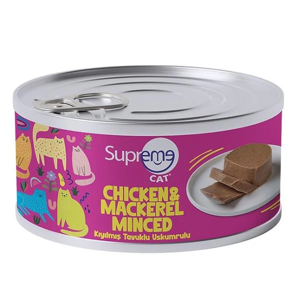Supreme Cat Tavuklu ve Uskumrulu Kıyılmış Yetişkin Konserve Kedi Maması 85gr - Su
